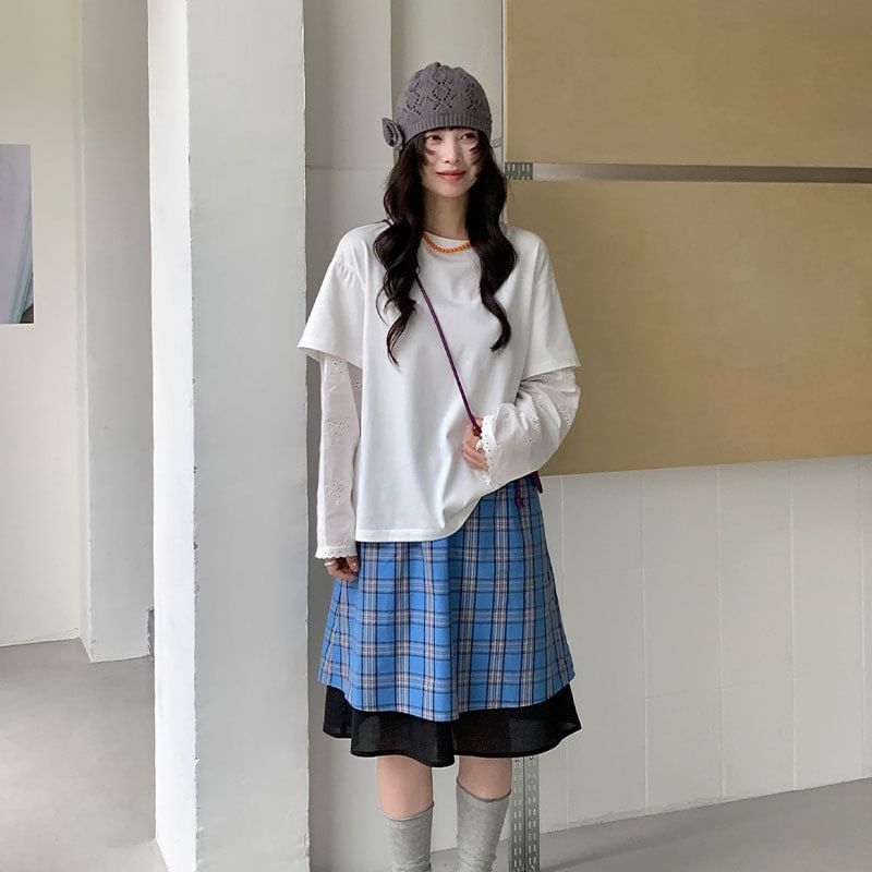 Plaid Layered A-Line Skirt Elastic Waist