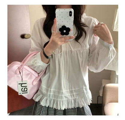 Long-Sleeve Lace Collar Plain Blouse