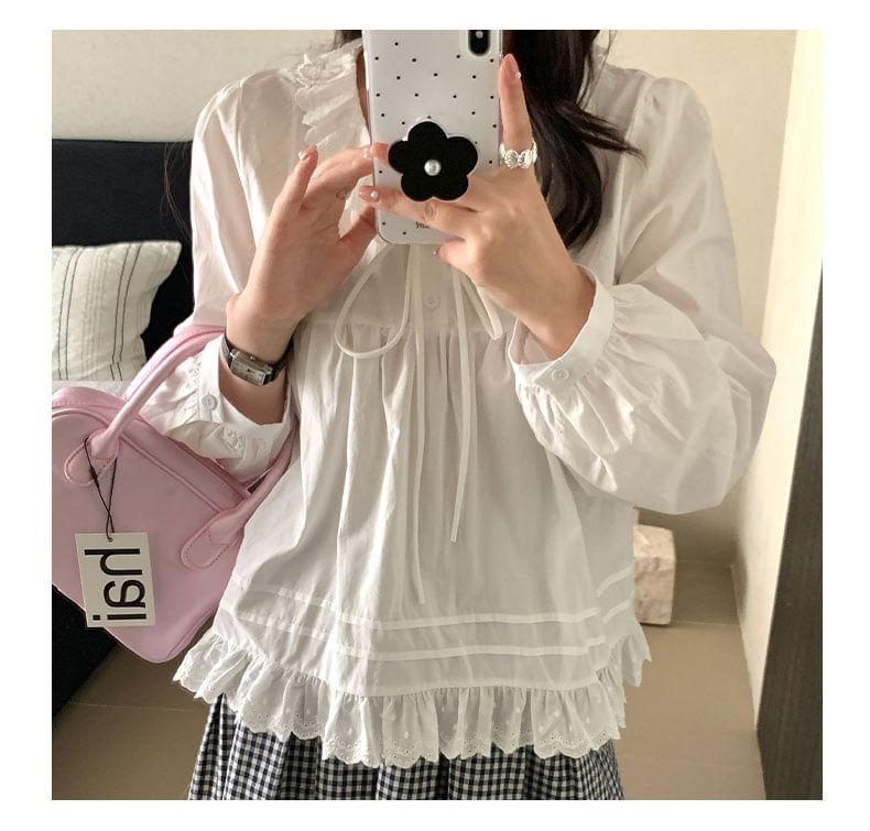 Long-Sleeve Lace Collar Plain Blouse