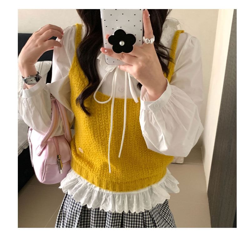 Long-Sleeve Lace Collar Plain Blouse