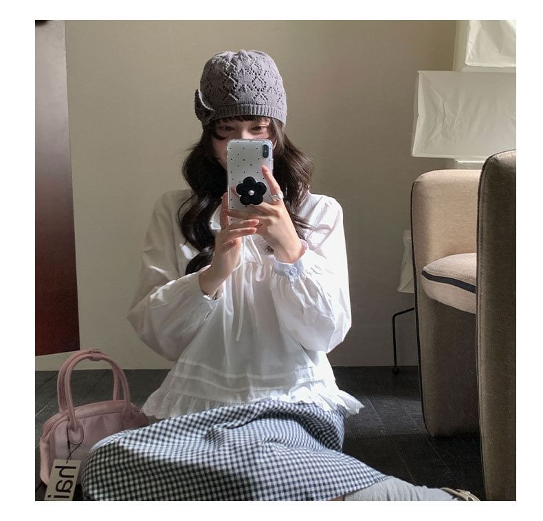 Long-Sleeve Lace Collar Plain Blouse
