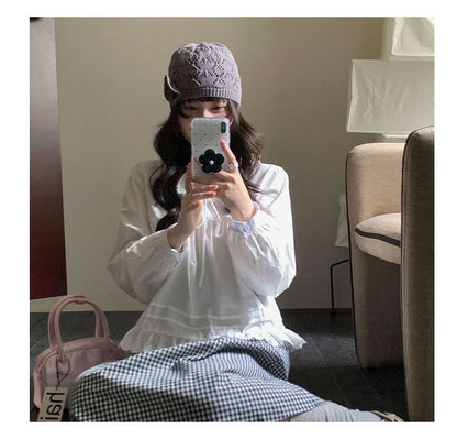 Long-Sleeve Lace Collar Plain Blouse