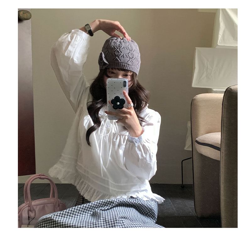 Long-Sleeve Lace Collar Plain Blouse