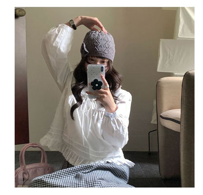 Long-Sleeve Lace Collar Plain Blouse