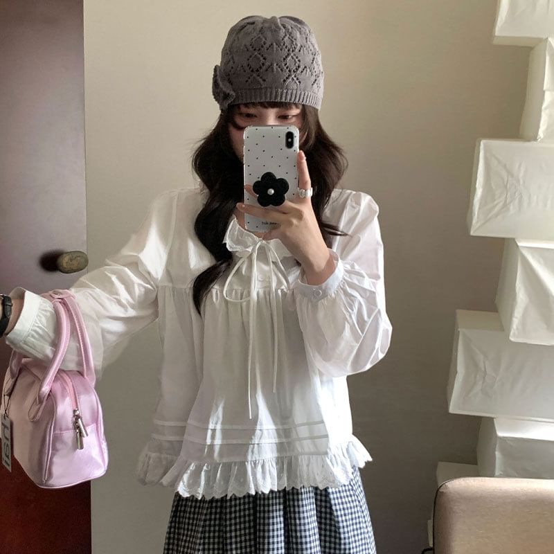 Long-Sleeve Lace Collar Plain Blouse