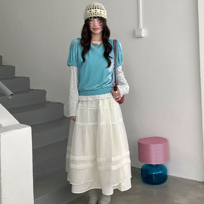 Sheer Panel A-Line Midi Skirt with Pintuck Layered Elastic Waist