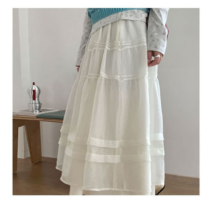 Sheer Panel A-Line Midi Skirt with Pintuck Layered Elastic Waist