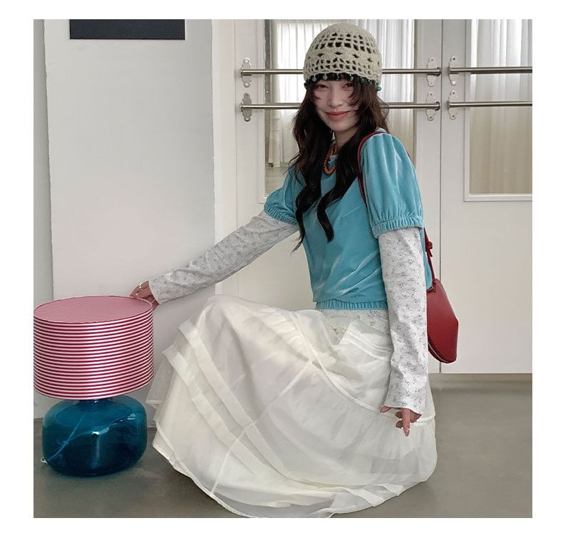 Sheer Panel A-Line Midi Skirt with Pintuck Layered Elastic Waist