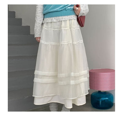 Sheer Panel A-Line Midi Skirt with Pintuck Layered Elastic Waist