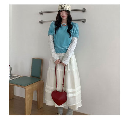 Sheer Panel A-Line Midi Skirt with Pintuck Layered Elastic Waist