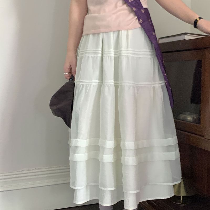 Sheer Panel A-Line Midi Skirt with Pintuck Layered Elastic Waist
