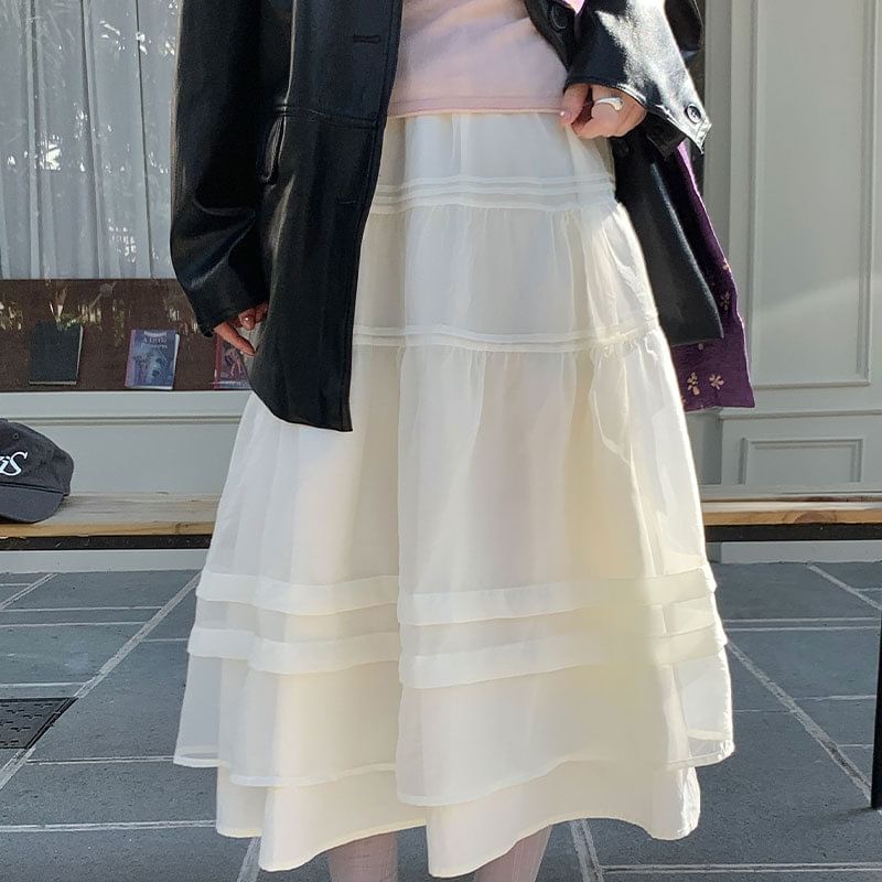 Sheer Panel A-Line Midi Skirt with Pintuck Layered Elastic Waist