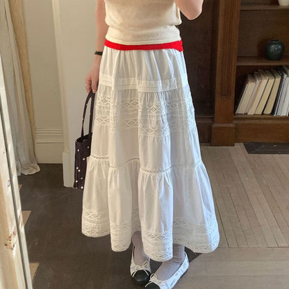 Lace Panel Midi A-Line Skirt High-Rise