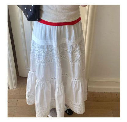 Lace Panel Midi A-Line Skirt High-Rise