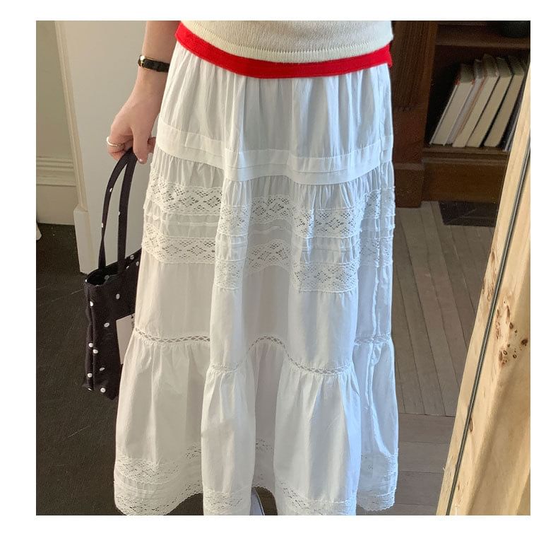 Lace Panel Midi A-Line Skirt High-Rise