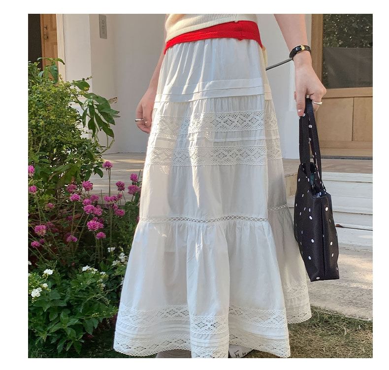 Lace Panel Midi A-Line Skirt High-Rise