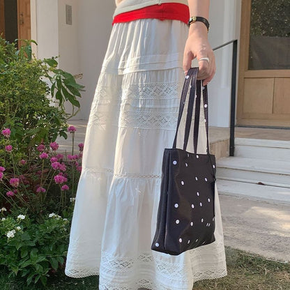 Lace Panel Midi A-Line Skirt High-Rise