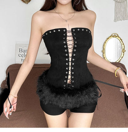 Lace-Up Plain Crop Tube Top