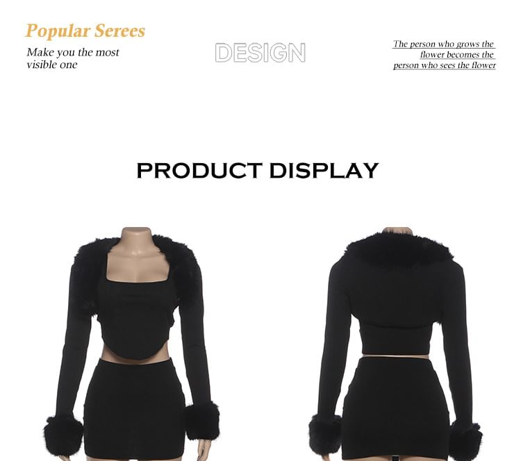 Furry Trim Square Neck Crop Top & Mini Skirt Set Long-Sleeved
