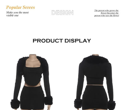 Furry Trim Square Neck Crop Top & Mini Skirt Set Long-Sleeved