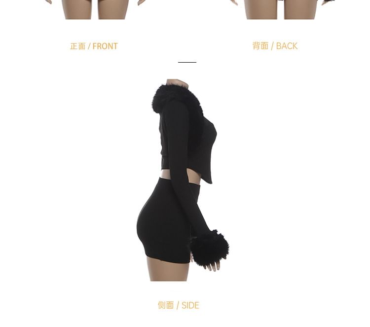 Furry Trim Square Neck Crop Top & Mini Skirt Set Long-Sleeved