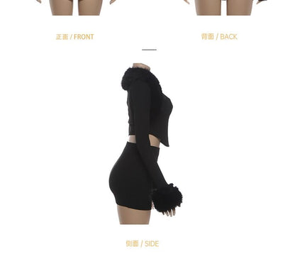 Furry Trim Square Neck Crop Top & Mini Skirt Set Long-Sleeved