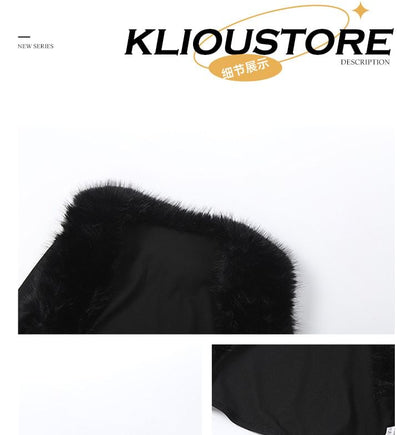 Furry Trim Square Neck Crop Top & Mini Skirt Set Long-Sleeved