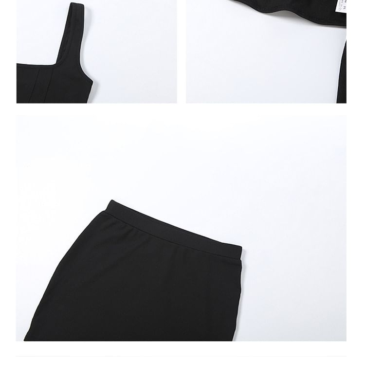Furry Trim Square Neck Crop Top & Mini Skirt Set Long-Sleeved