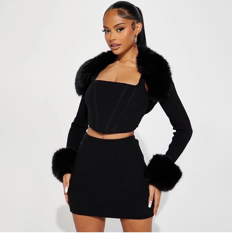 Furry Trim Square Neck Crop Top & Mini Skirt Set Long-Sleeved