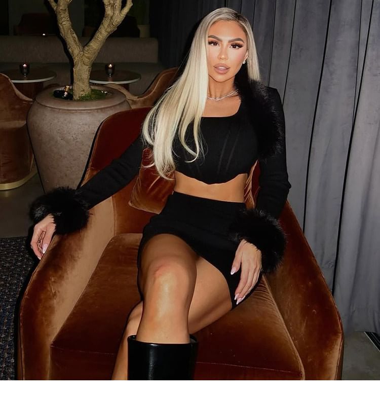 Furry Trim Square Neck Crop Top & Mini Skirt Set Long-Sleeved