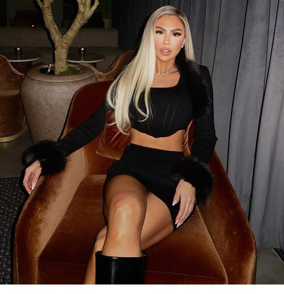 Furry Trim Square Neck Crop Top & Mini Skirt Set Long-Sleeved