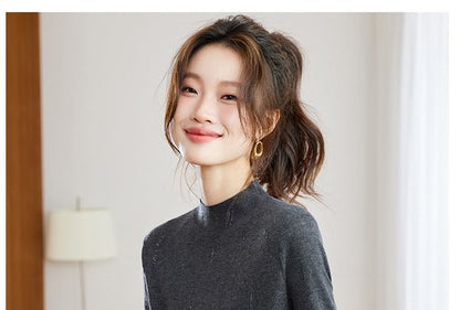High Neck Long-Sleeve Rhinestone Knit Top