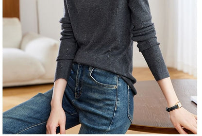High Neck Long-Sleeve Rhinestone Knit Top