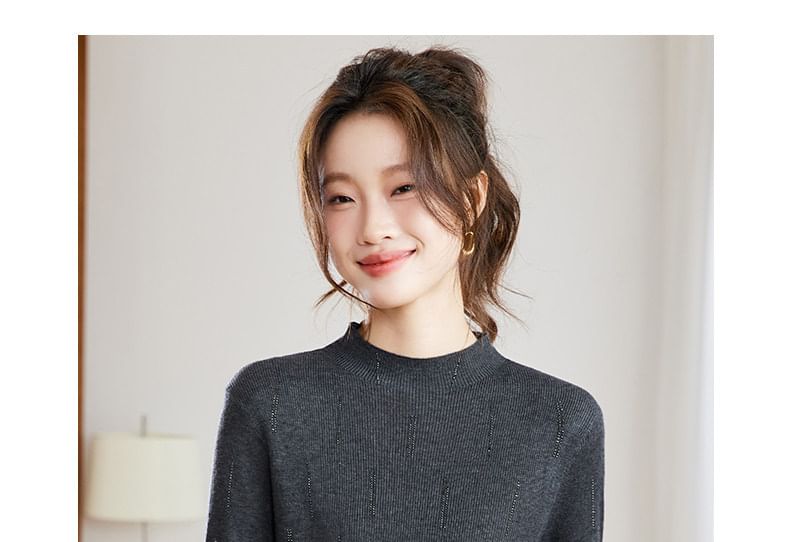 High Neck Long-Sleeve Rhinestone Knit Top