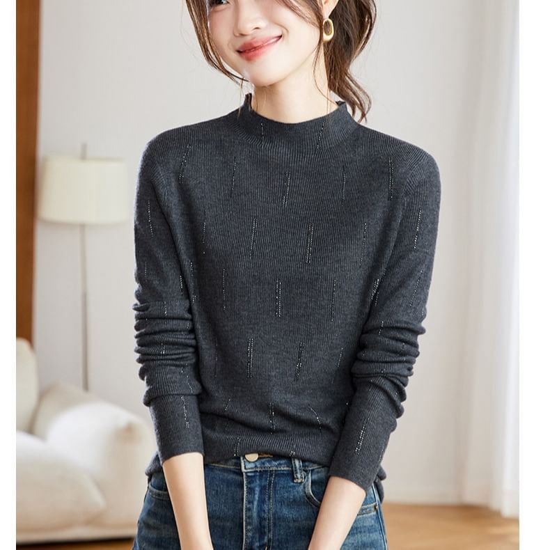 High Neck Long-Sleeve Rhinestone Knit Top