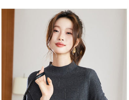 High Neck Long-Sleeve Rhinestone Knit Top