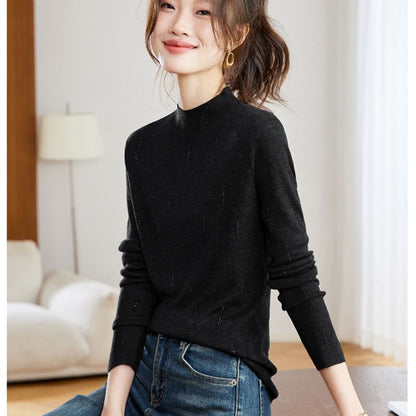 High Neck Long-Sleeve Rhinestone Knit Top