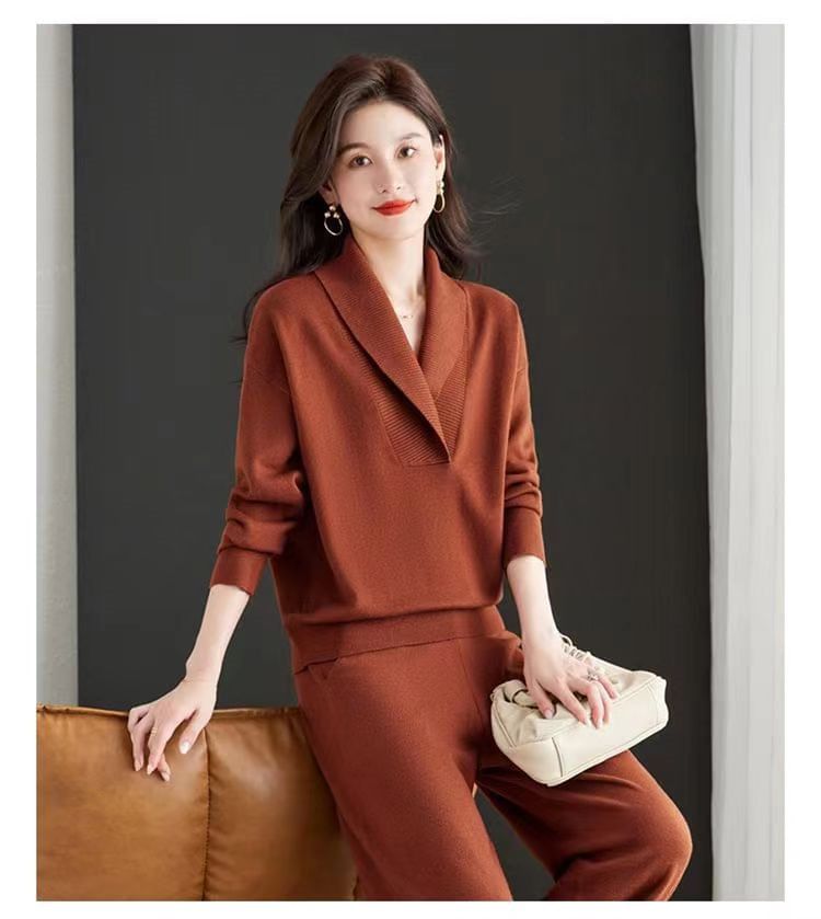 Lapel Collar Sweater & Wide-Leg Trousers Set