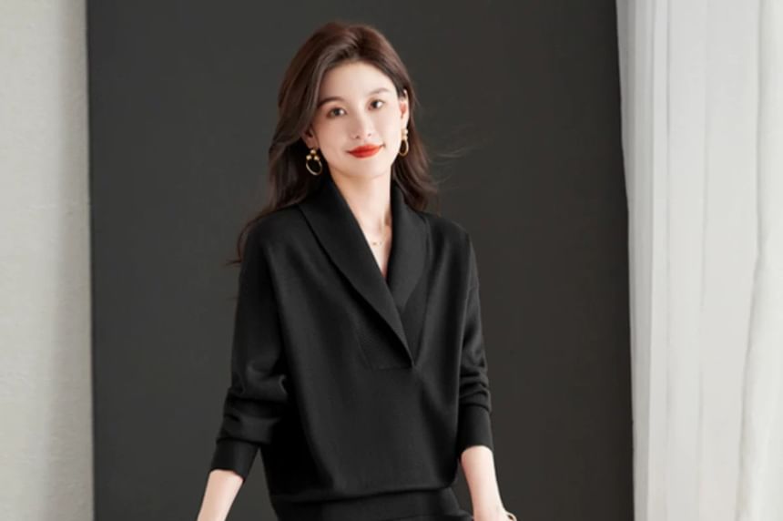 Lapel Collar Sweater & Wide-Leg Trousers Set