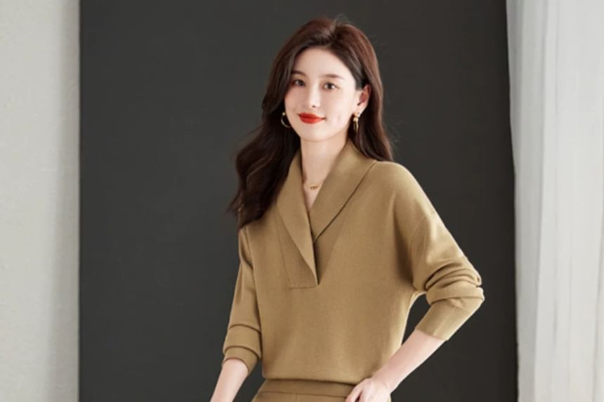 Lapel Collar Sweater & Wide-Leg Trousers Set