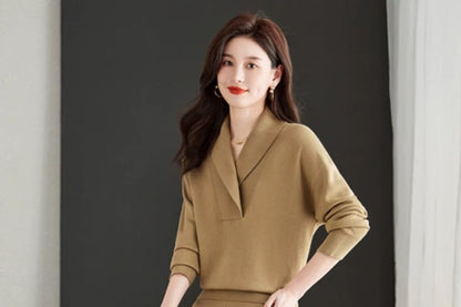 Lapel Collar Sweater & Wide-Leg Trousers Set