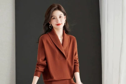 Lapel Collar Sweater & Wide-Leg Trousers Set