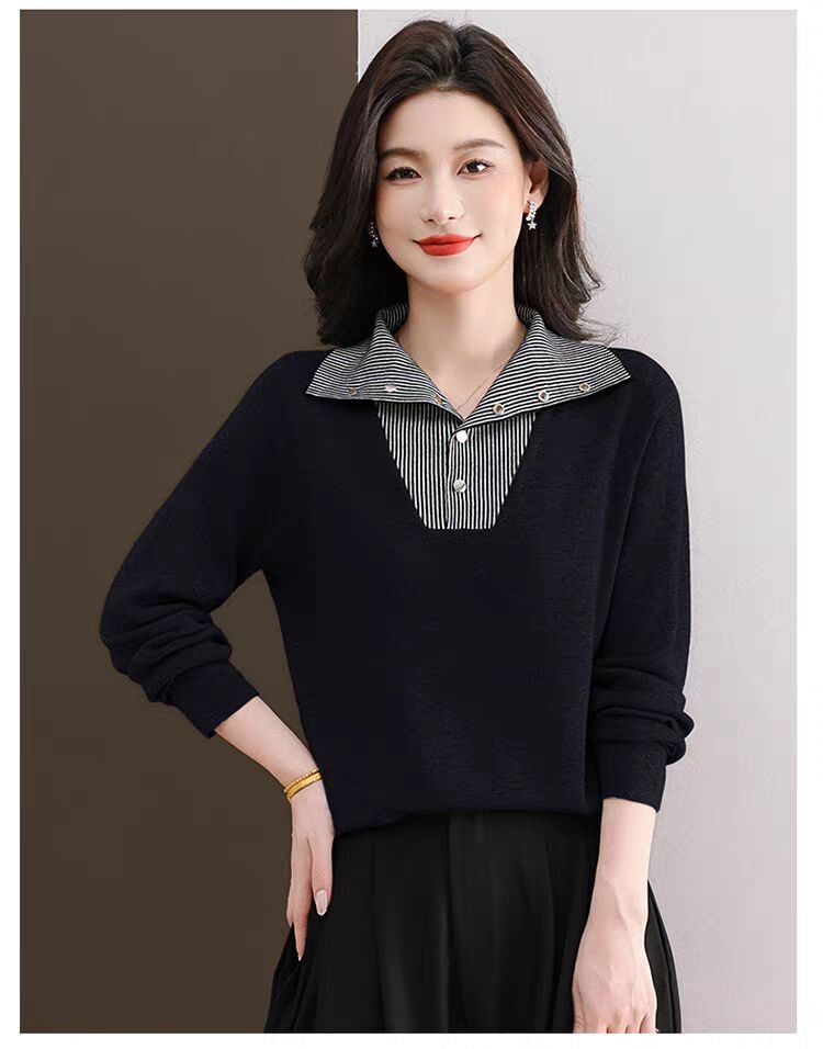 Striped Collared Sweater with Long Sleeves and Mock Layer