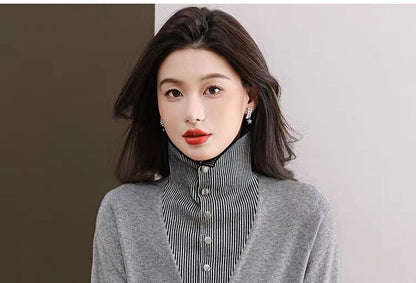 Striped Collared Sweater with Long Sleeves and Mock Layer