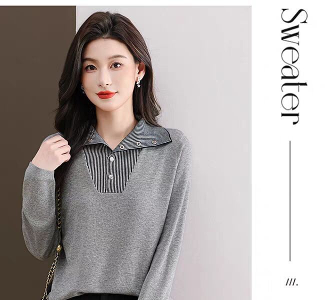Striped Collared Sweater with Long Sleeves and Mock Layer