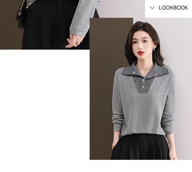 Striped Collared Sweater with Long Sleeves and Mock Layer