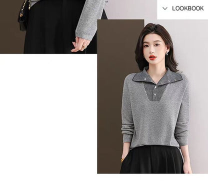 Striped Collared Sweater with Long Sleeves and Mock Layer
