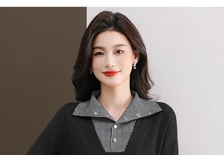 Striped Collared Sweater with Long Sleeves and Mock Layer