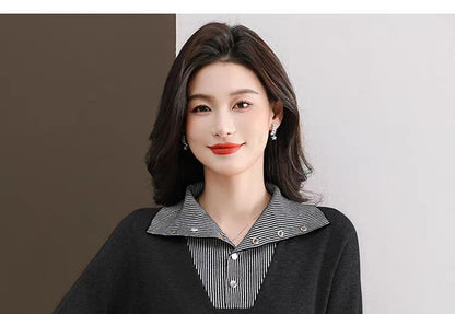 Striped Collared Sweater with Long Sleeves and Mock Layer