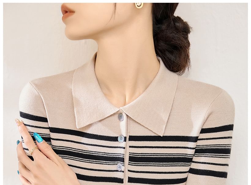 Striped Polo-Neck Knit Long-Sleeve Top